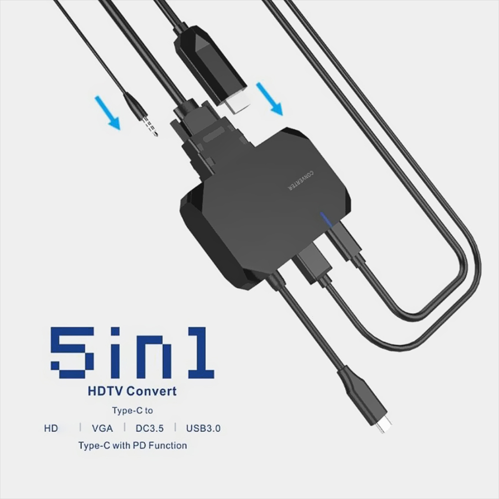 Bộ Chuyển Đổi Âm Thanh 5 Cổng 5 Trong 1 Loại C Sang HDTV + USB3.0 + VGA + Pd + Docking Station Hub 4K
