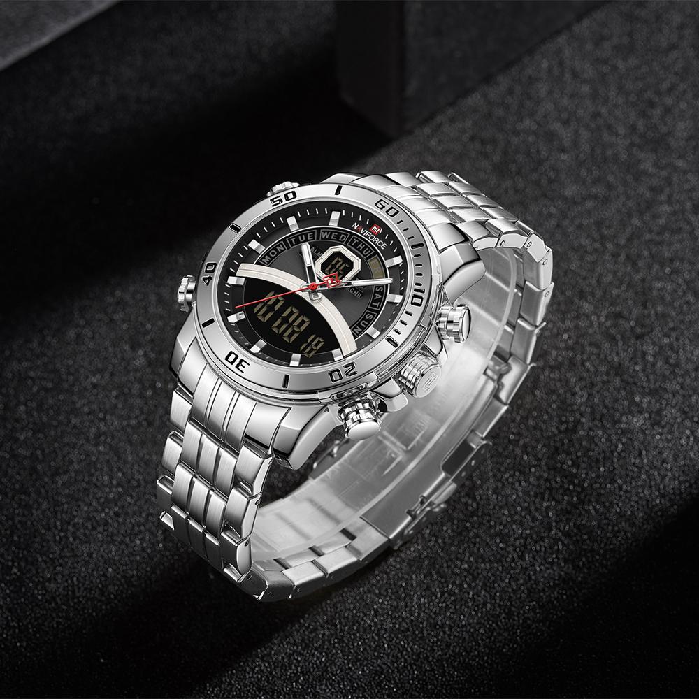 Đồng hồ NAVIFORCE Quartz Digital Electronic có đèn nền, chế độ giờ kép Chống thấm nước - Bạc