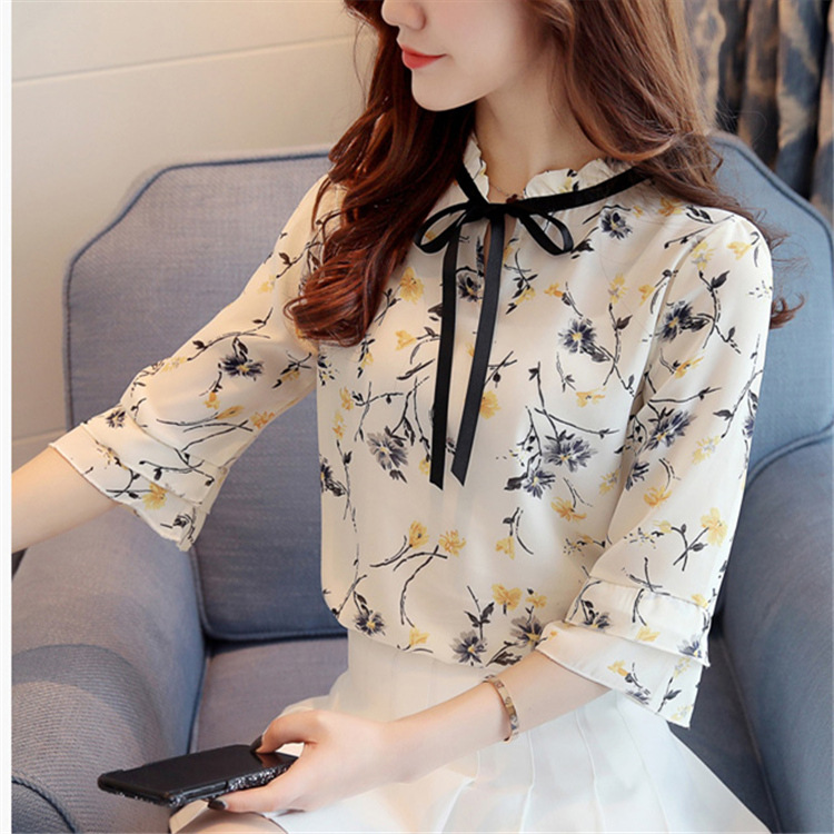 Áo Sơ Mi Hoa Mỏng Cổ Nơ Vải Chiffon Cực Đẹp Sang Chảnh