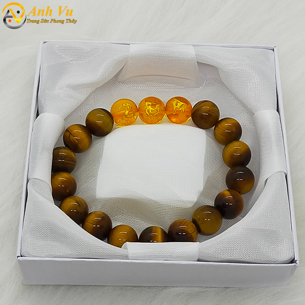 Vòng đá mắt hổ vàng nâu tự nhiên - Vòng tay tam hợp quý nhân tỵ dậu sửu - May mắn tài lộc