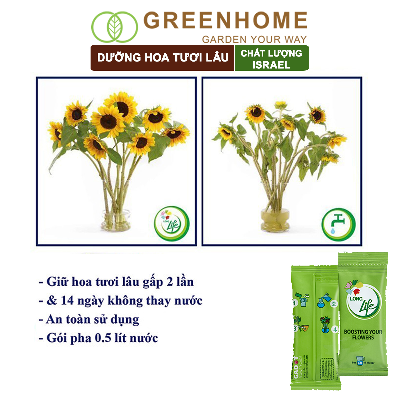 Dưỡng hoa lâu tàn Long Life, gói 5gr, hoa tươi lâu, nở bông to, không bị hôi nước |Greenhome