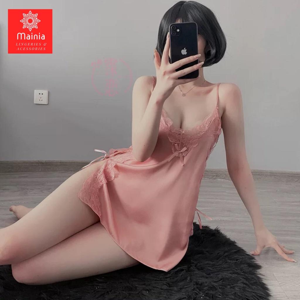 Đầm Ngủ Váy Ngủ Lụa Satin Dây Rút 2 Bên Sườn Sexy Gợi Cảm Cao Cấp Mainia Shop