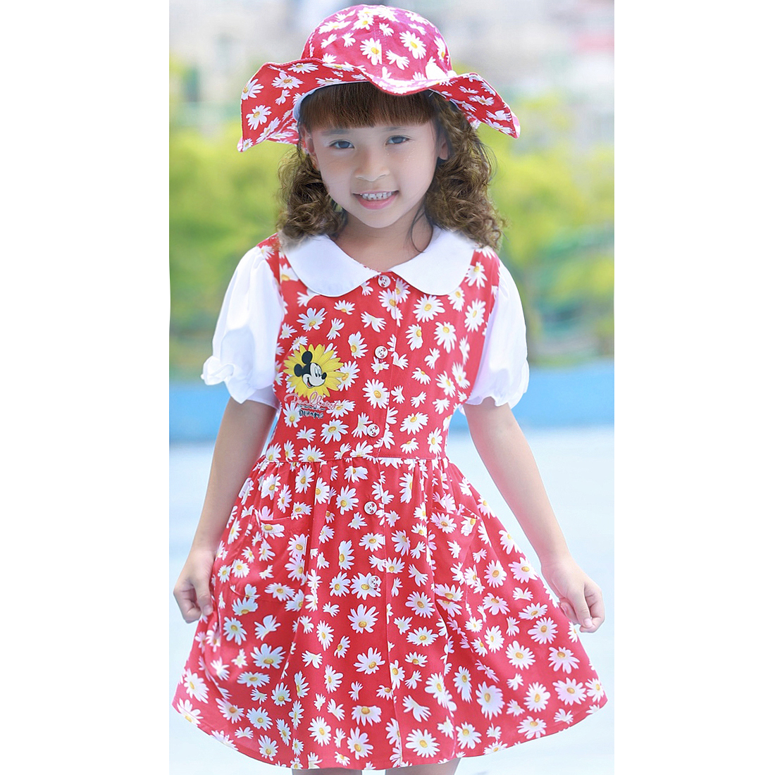 Bộ váy kèm mũ trẻ em hoa cúc màu đỏ EK-01