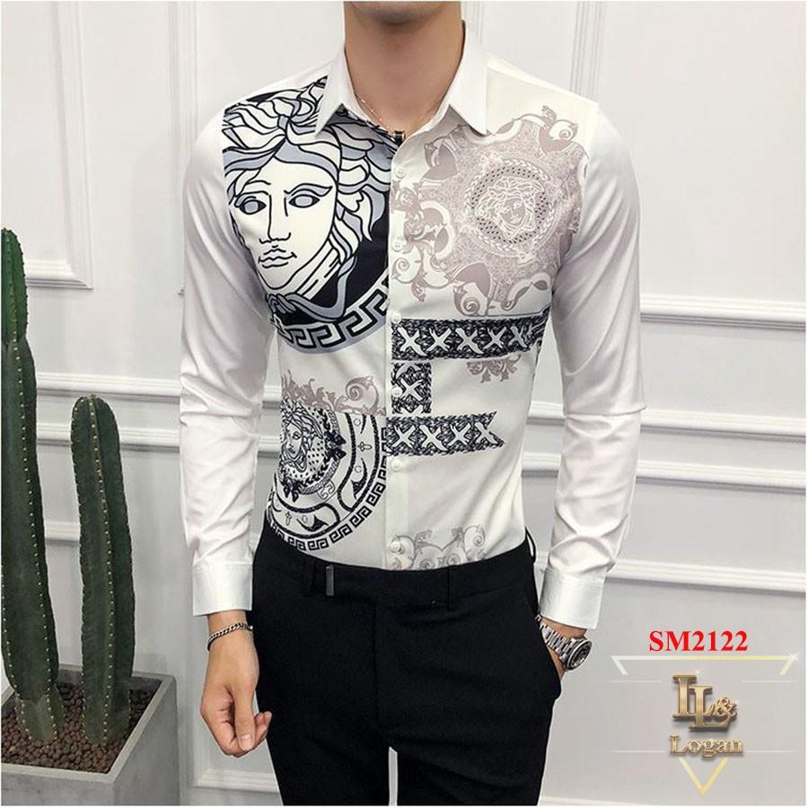 Áo sơ mi họa tiết SM2122 trắng đen, form body chuẩn đẹp, không nhăn, sang trọng chuẩn men,ảnh thật 100