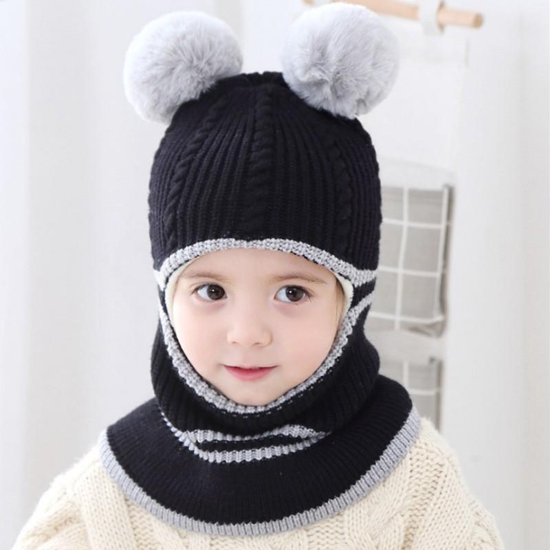 Mũ len trùm đầu quả bông dễ thương liền khăn cổ giữ ấm chồng gió lạnh mùa đông cho bé - mu len trum dau