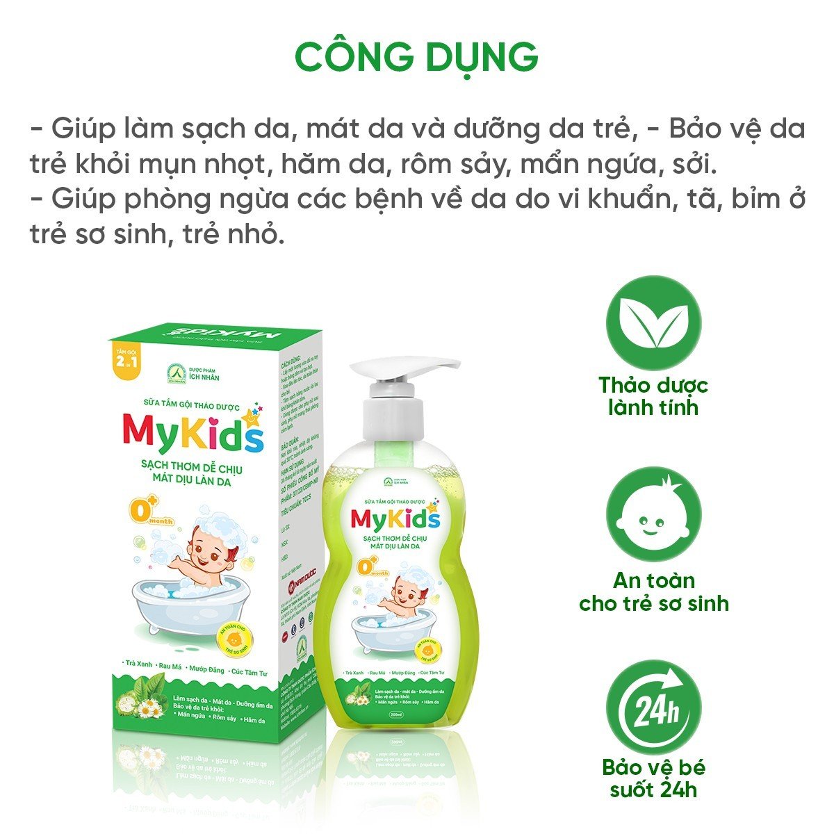 Sữa tắm gội thảo dược Mykids cho bé làm sạch, dưỡng ẩm cho da, bảo vệ da trẻ khỏi mụn nhọt, rôm sảy, mẩn ngứa Chai 200ml