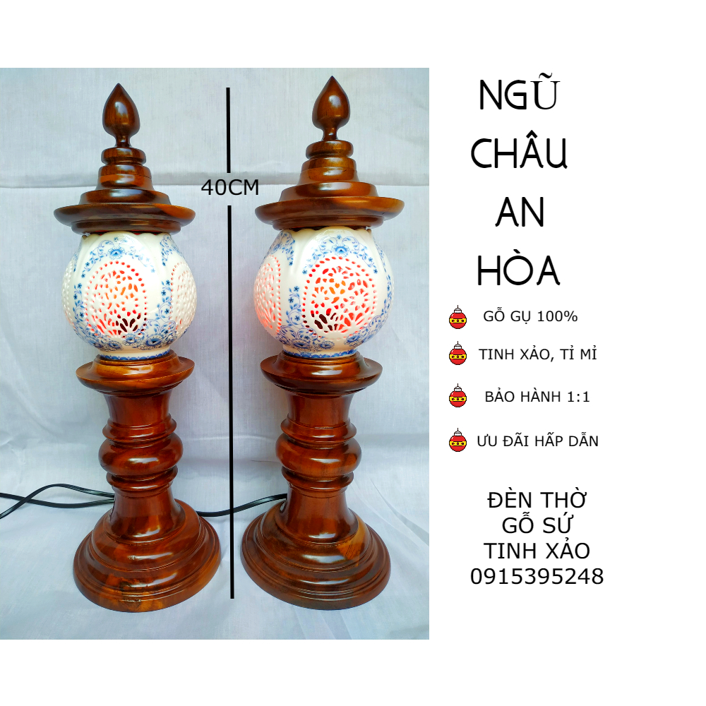 Đôi đèn thờ gỗ sứ tinh xảo NGŨ CHÂU AN HÒA (tặng kèm bóng LED dự phòng)