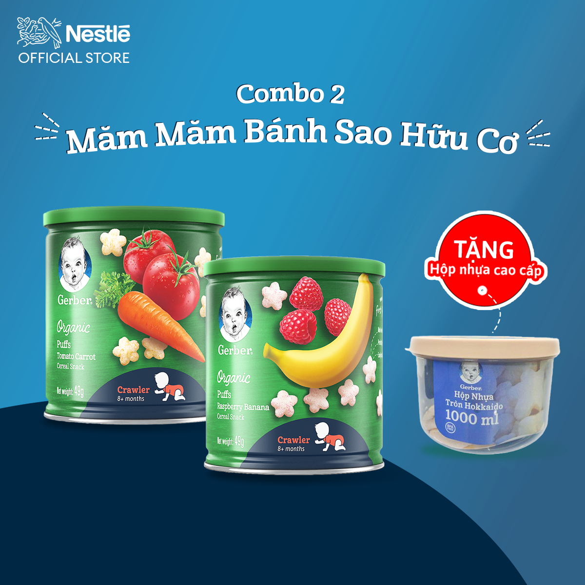 Combo 2 Bánh Ăn Dặm Hữu Cơ Nestlé Gerber Chính Hãng - Tặng Hộp Nhựa Cao Cấp 1000ml