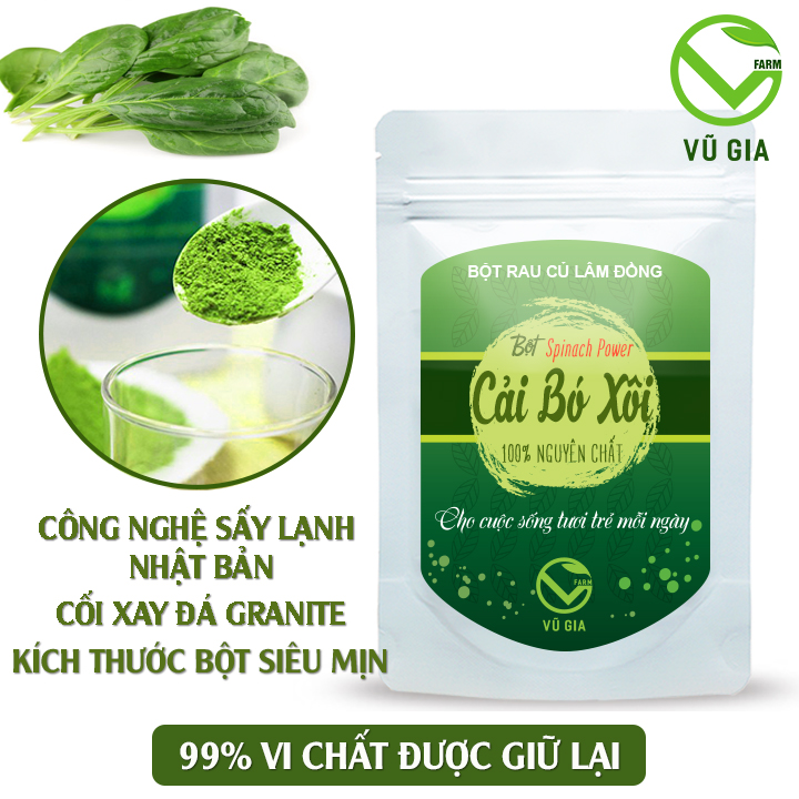 Bột Cải Bó Xôi Sấy Lạnh Nguyên Chất Vũ Gia (50g/ túi) - Ngăn ngừa xơ vữa động mạch, bệnh đau tim, chất xơ giúp tiêu hóa tốt, kiểm soát cân nặng, hỗ trợ đẹp da, sáng da