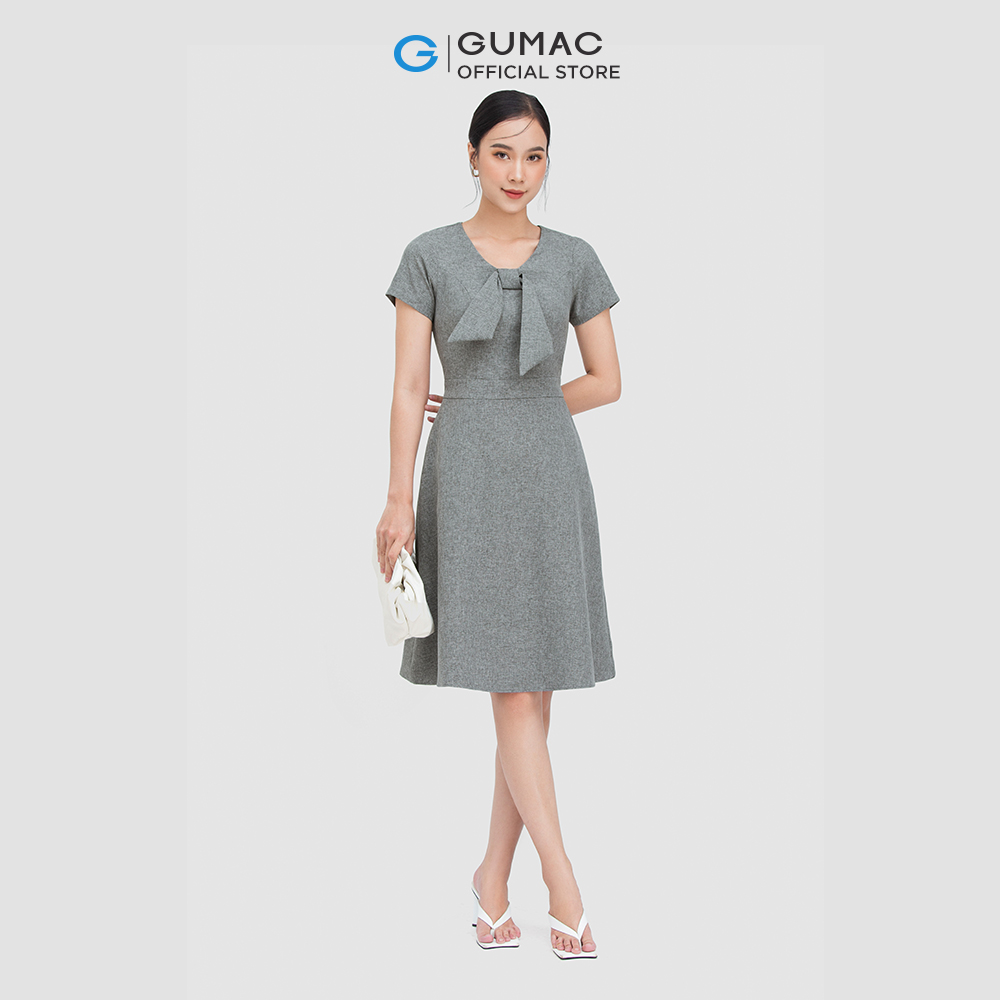 Đầm form chữ A phối nơ cổ DC05059 thời trang GUMAC