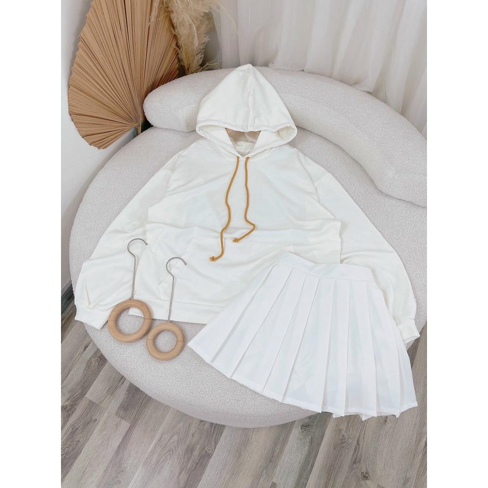 Set áo hoodie trắng có mũ kèm chân váy xếp ly ngắn năng động đồng phục hàn quốc