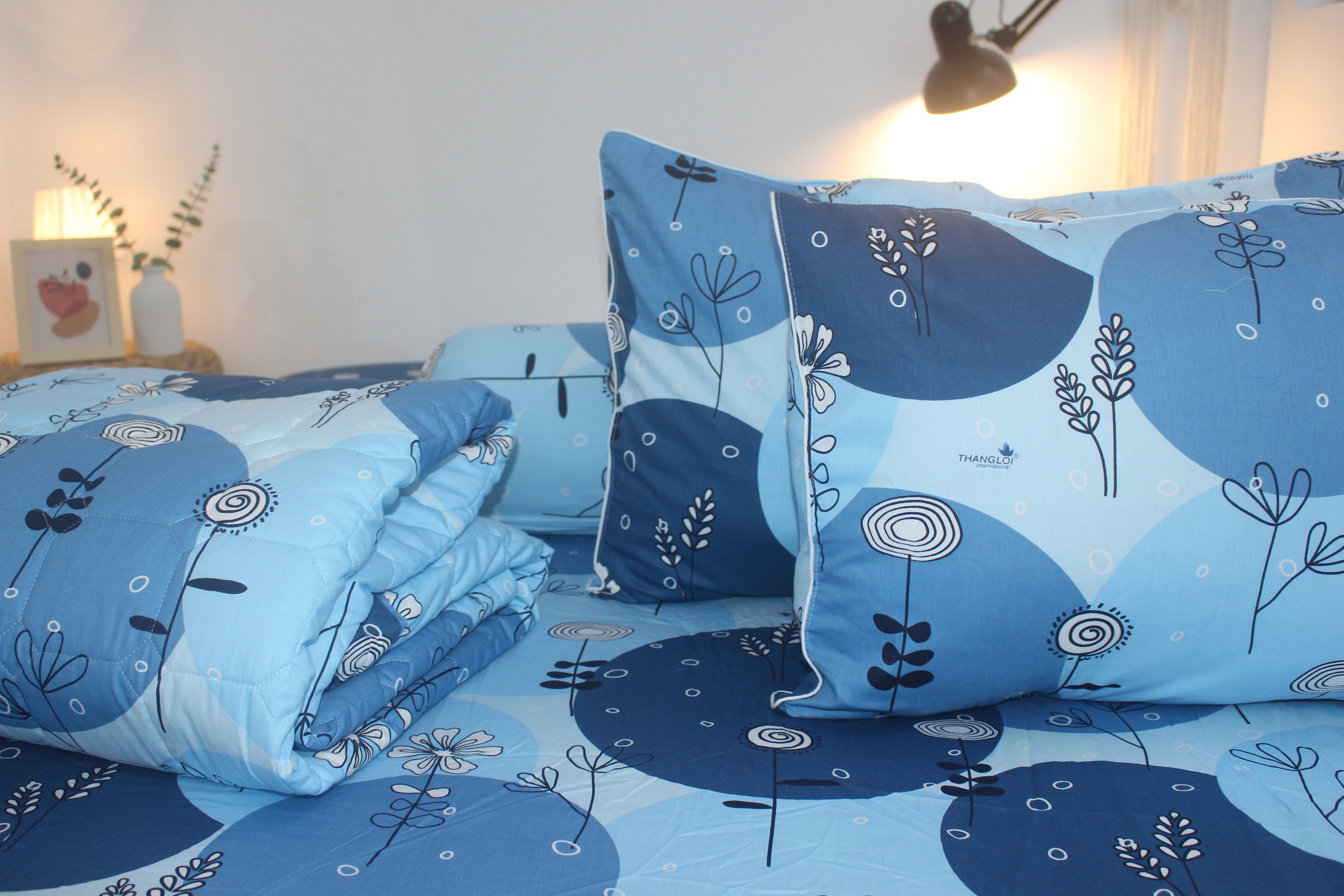Bộ Drap Gối Cotton - Lập thể tròn xanh- vải dày dặn, mát mẻ, siêu thấm mồ hôi