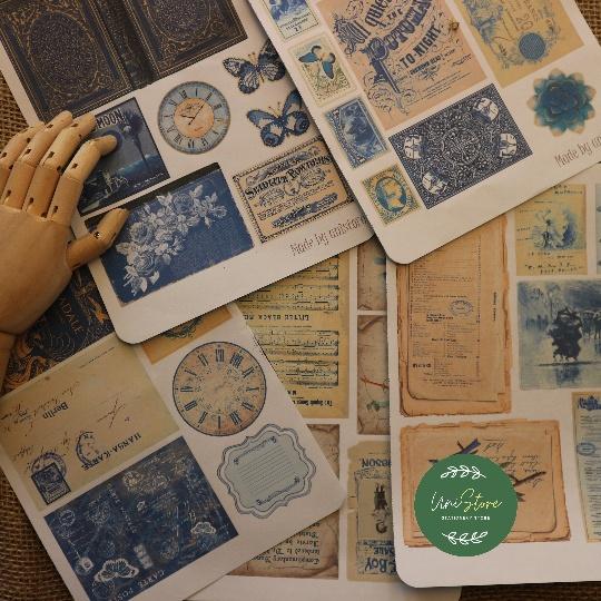 Hình ảnh Sticker tự cắt Blue mix ephemera - sticker vintage dán, trang trí sổ nhật kí, sổ tay | Bullet journal - kc003