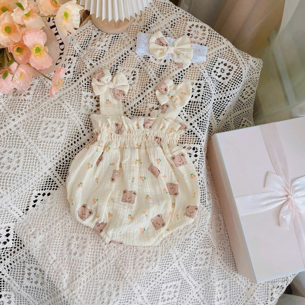 SET BODY 2 DÂY HỌA TIẾT GẤU KÈM BĂNG ĐÔ CHO BÉ GÁI SƠ SINH 1 2 TUỔI