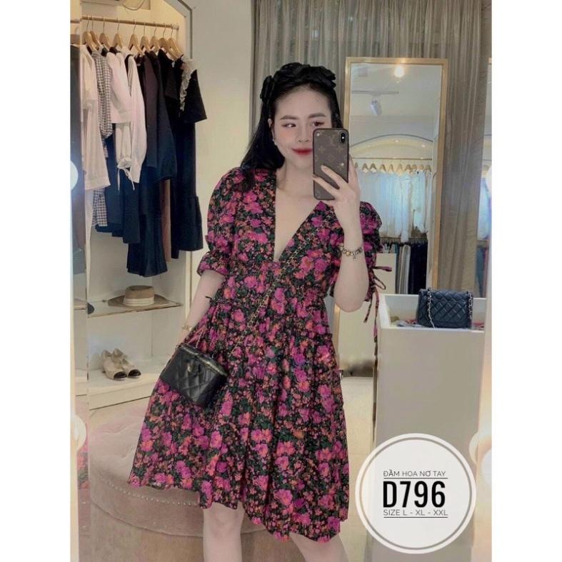 bigsize 60-90KG vmart Đầm hoa nơ tay D796 hàng Quảng Châu cao cấp chiết eo giấu bụng