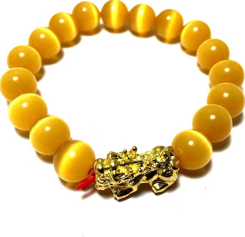 Vòng tay phong thủy đá mắt mèo màu vàng kèm cham tì hiu bạc mạ vàng 24k cao cấp cho người mệnh kim - mệnh thổ - VPT29A- Bạc QTJ