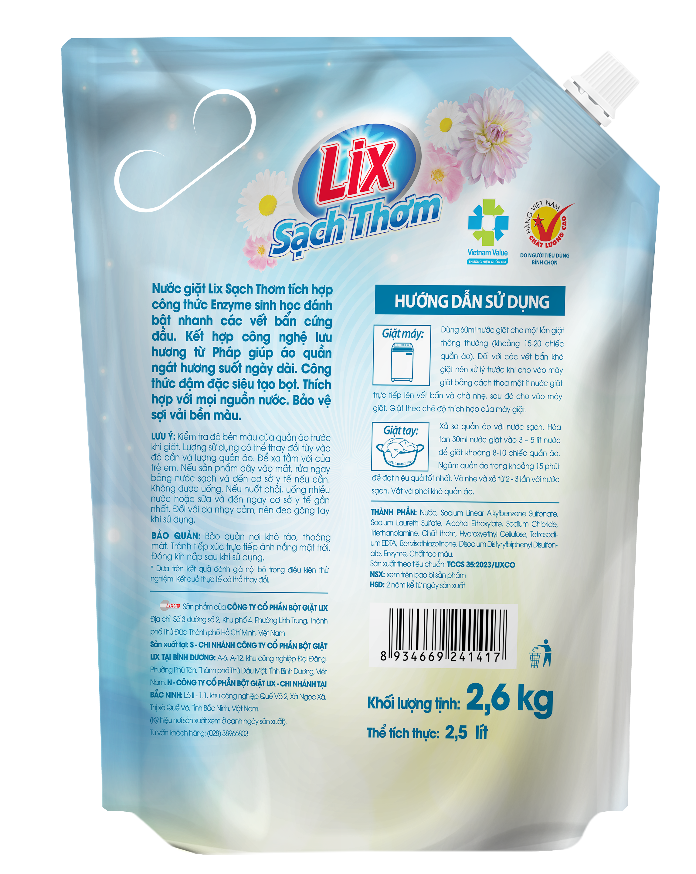 Túi nước giặt Lix sạch thơm hương nắng tinh khôi 2.6Kg -  Lixco Việt Nam nước giặt Lix cho giặt tay và giặt máy
