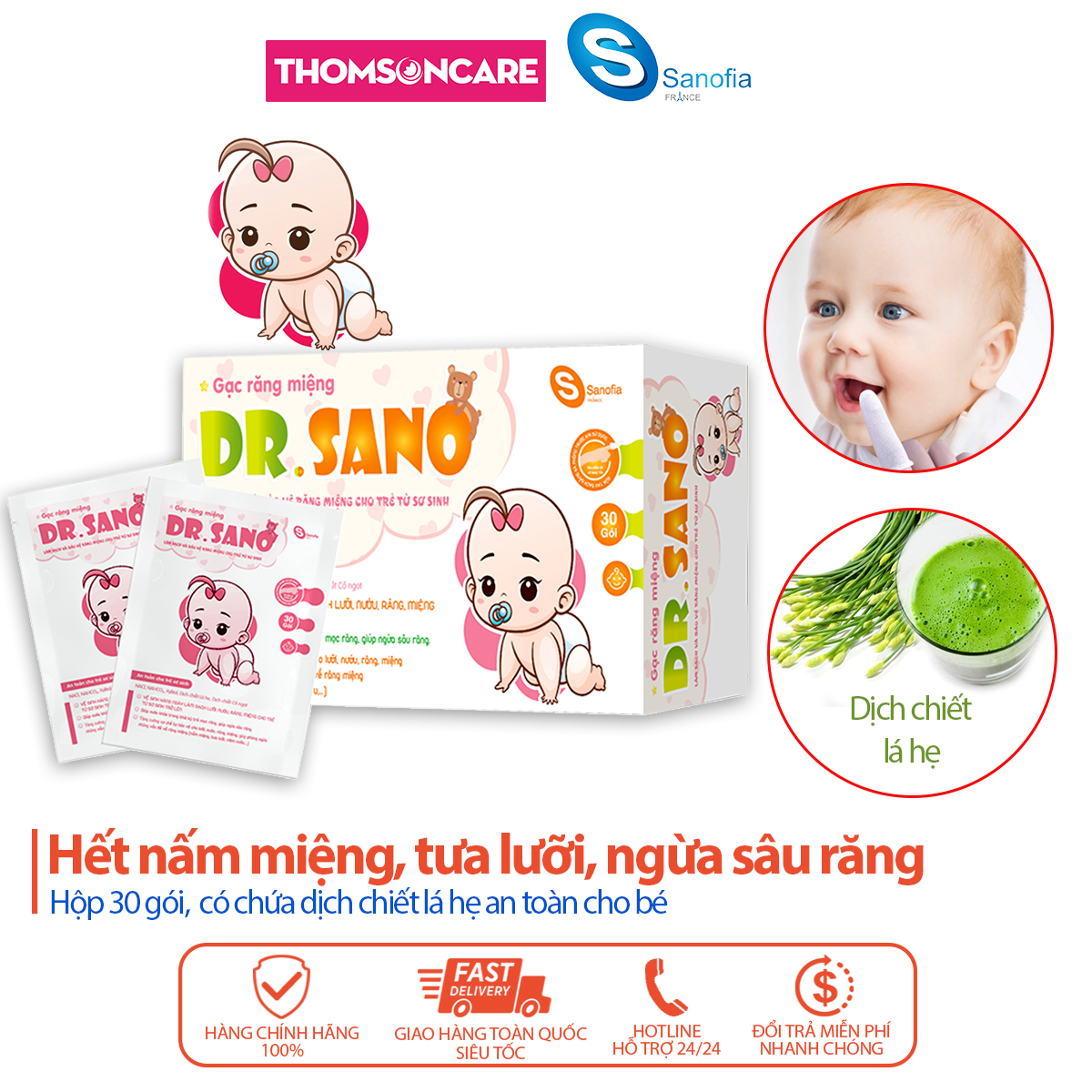 Gạc rơ lưỡi cho bé Dr Sano Hộp 30 gói - khăn lau răng, rơ miệng, tưa lưỡi cho trẻ từ sơ sinh Drsano, vệ sinh ăn dặm, mọc răng - Thomsoncare