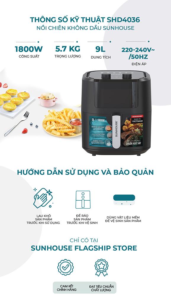 Nồi chiên không dầu Sunhouse 9 lít SHD4037  - Hàng chính hãng