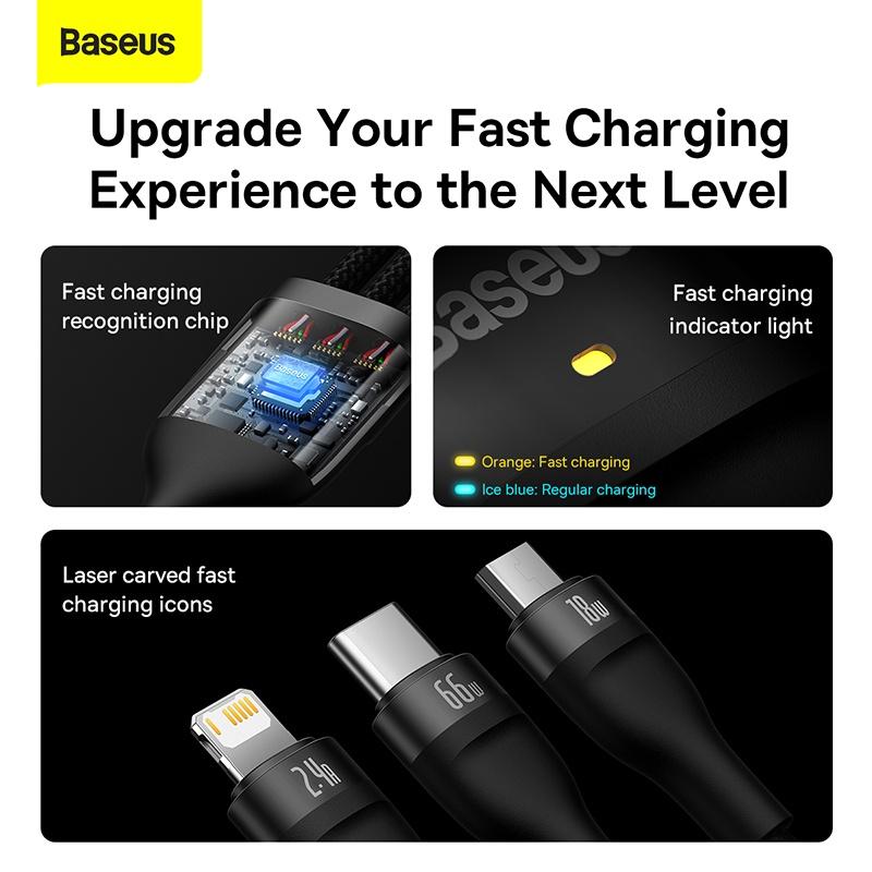 Cáp sạc nhanh 3 đầu Baseus Flash Series Ⅱ One-for-three Fast Charging Data Cable USB to M+L+C 66W (Hàng chính hãng)