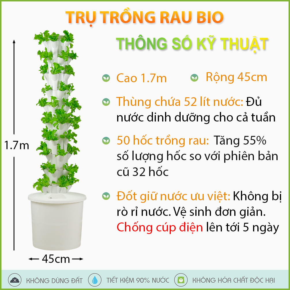 Trụ trồng rau Bio 50 hốc trồng rau, giữ nước và chống cúp điện phiên bản mới