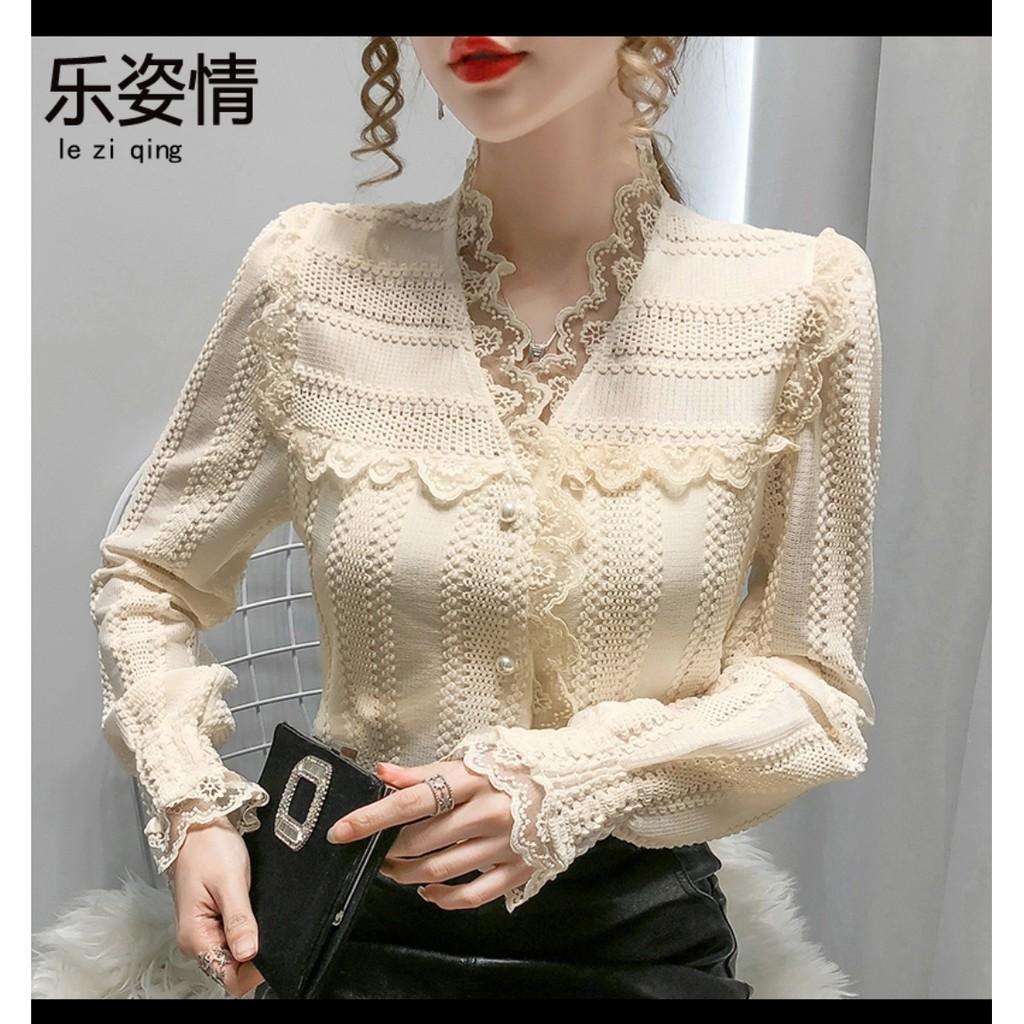 Áo Kiểu Nữ Tay Dài Bo Bèo, Sọc Ren, Cổ V, Bèo Ren Cổ Tay Ngực