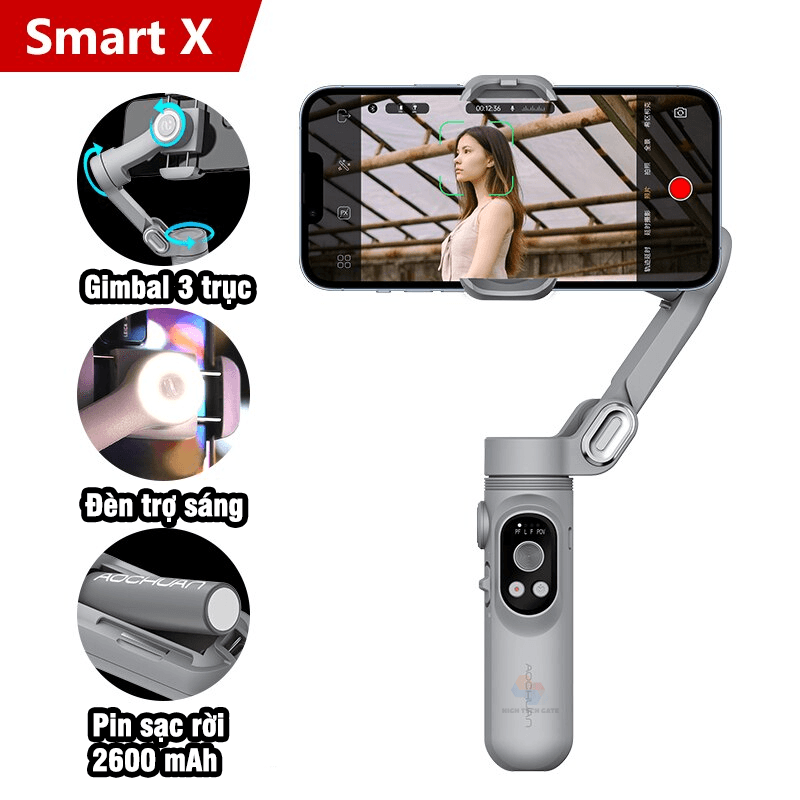 Tay cầm gimbal chống rung điện thoại Smart X | Smart X Pro có đèn trợ sáng, có APP, dõi theo vật thể, hàng chính hãng