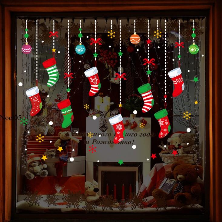 Decal trang trí Noel dán kính mẫu ông gIà noel, cây thông, xe chở quà tặng, chúc mừng năm mới
