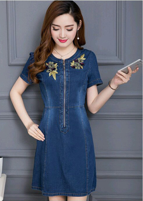 Đầm Jean Nữ Ngắn Tay Thêu Hoa Duyên Dáng