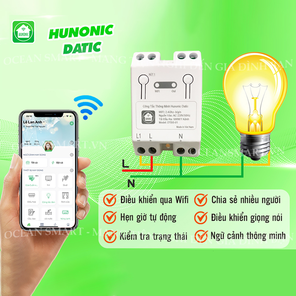 Công Tắc Cảm Ứng Wifi Thông Minh Hunonic, Giá Rẻ, Hẹn Giờ, Điều Khiển Từ Xa Qua Điện Thoại