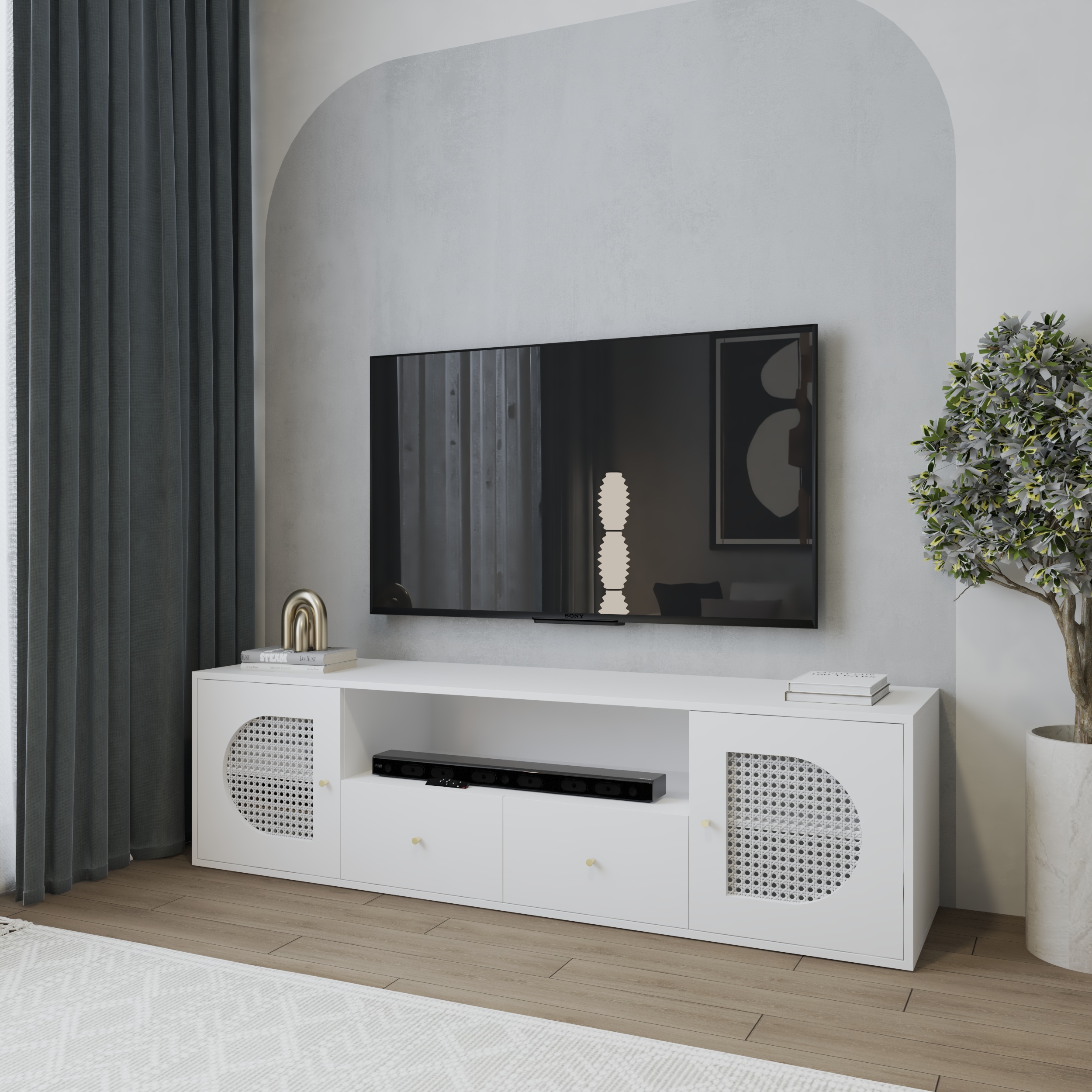 HAPPY FURNITURE , Kệ TV 2 cửa mở 2 ngăn kéo - MAY , KTV_094 , 180cm x 45cm x 50cm DxRxC