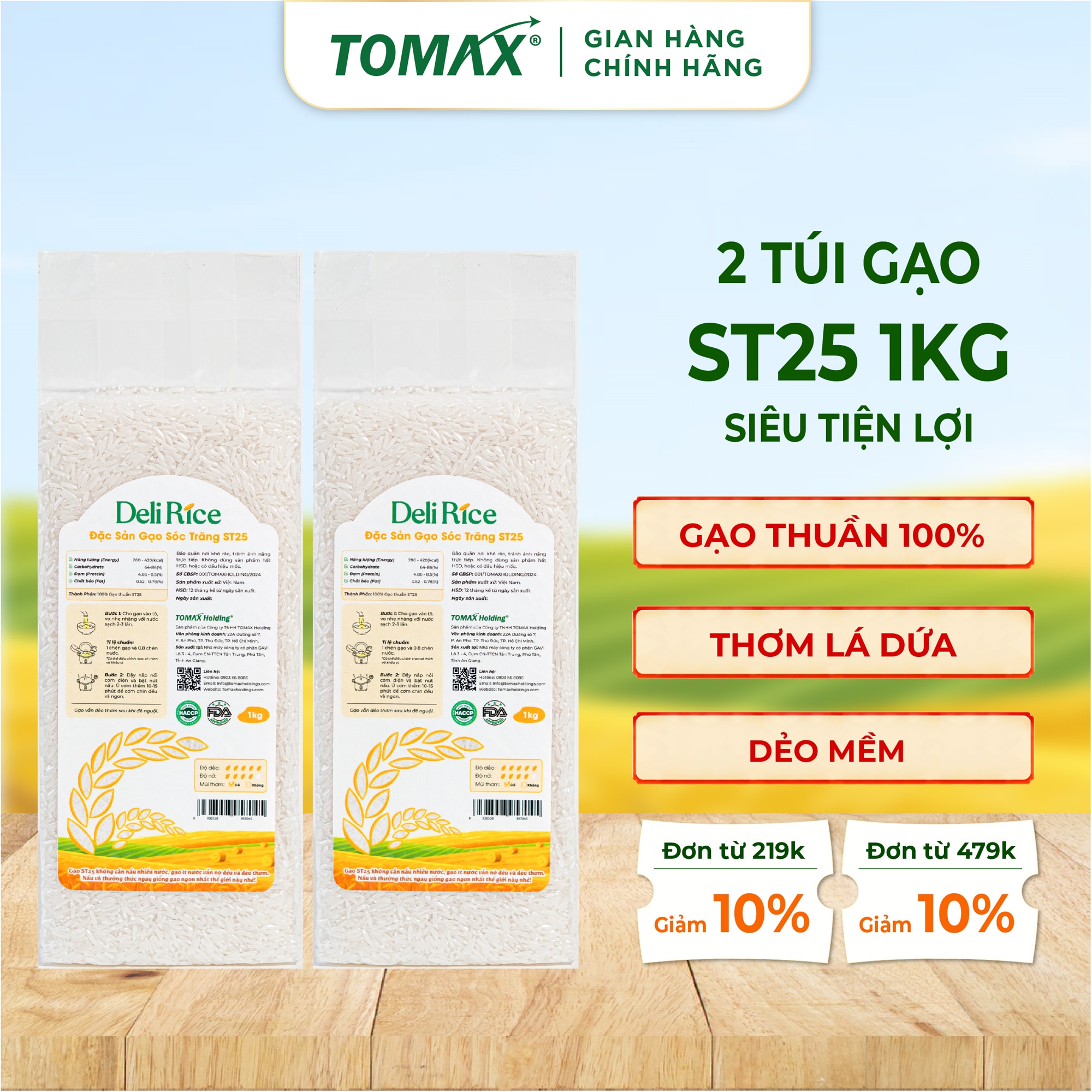 Combo 2 túi Gạo TOMAX ST25 1kg TOMAX Ngọt thơm, Tơi xốp