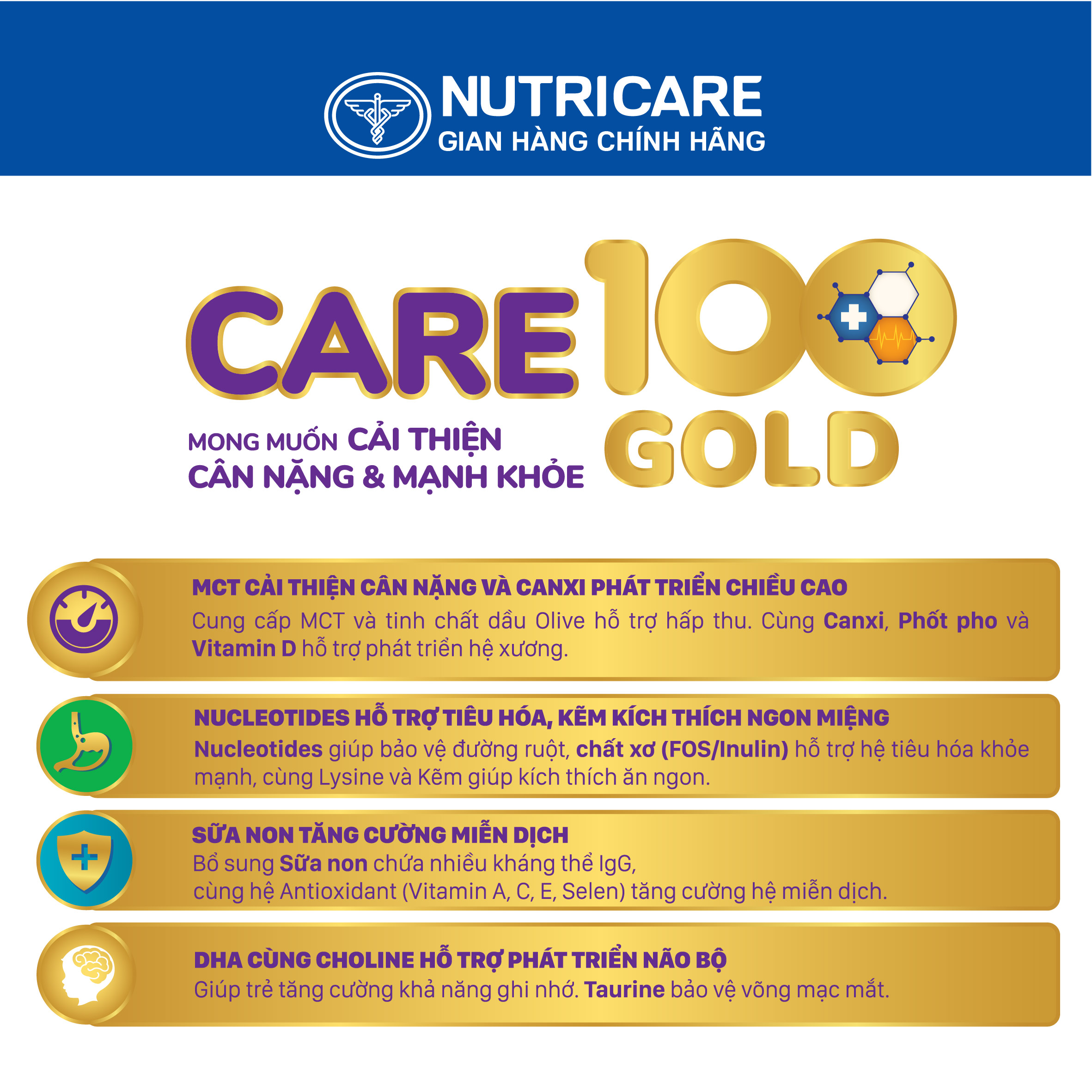 Sữa bột Nutricare CARE 100 GOLD 0+ cho trẻ thấp còi 800g