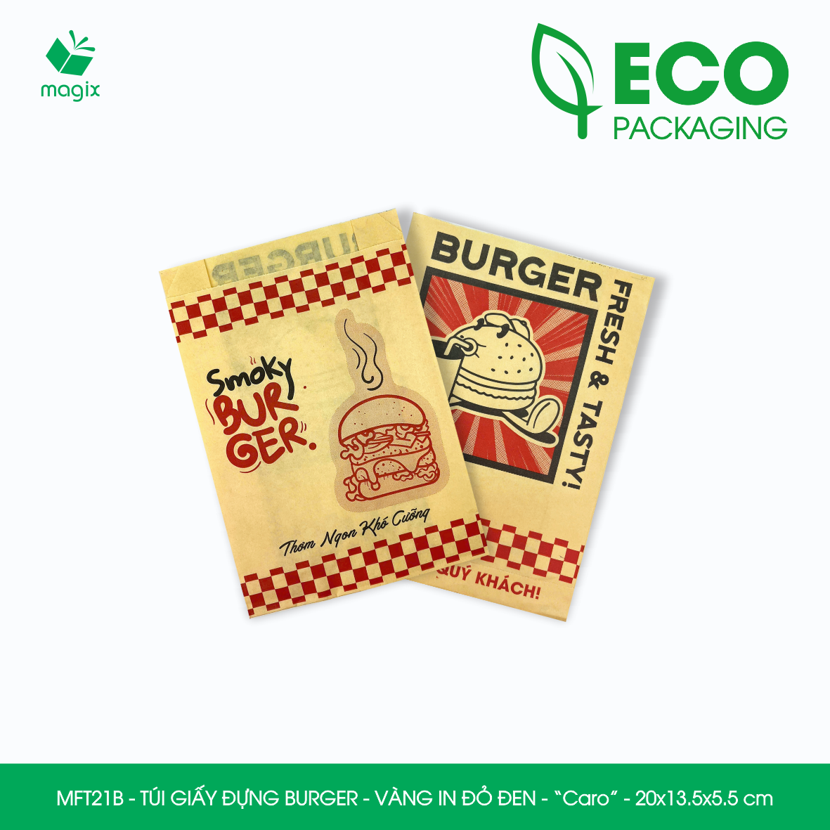 MFT21B - 20x13.5x5.5 cm - 100 Túi giấy Kraft đựng hamburger, túi giấy burger, túi đựng thực phẩm