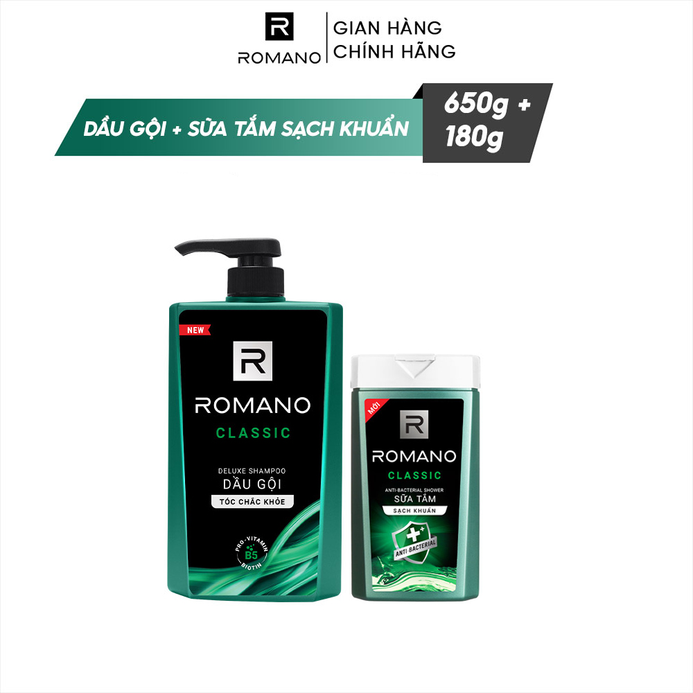 [Seasonal] Dầu gội Romano 650g + Sữa tắm sạch khuẩn 150g hương Classic