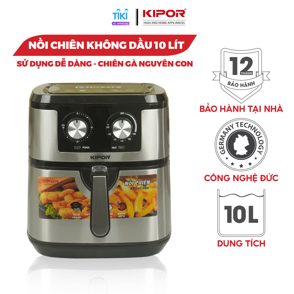 Nồi chiên không dầu KIPOR KP-AF631 - 10L - Điều khiển cơ công nghệ RAPID AIR nướng đối lưu - Phủ chống dính cao cấp - Hàng chính hãng