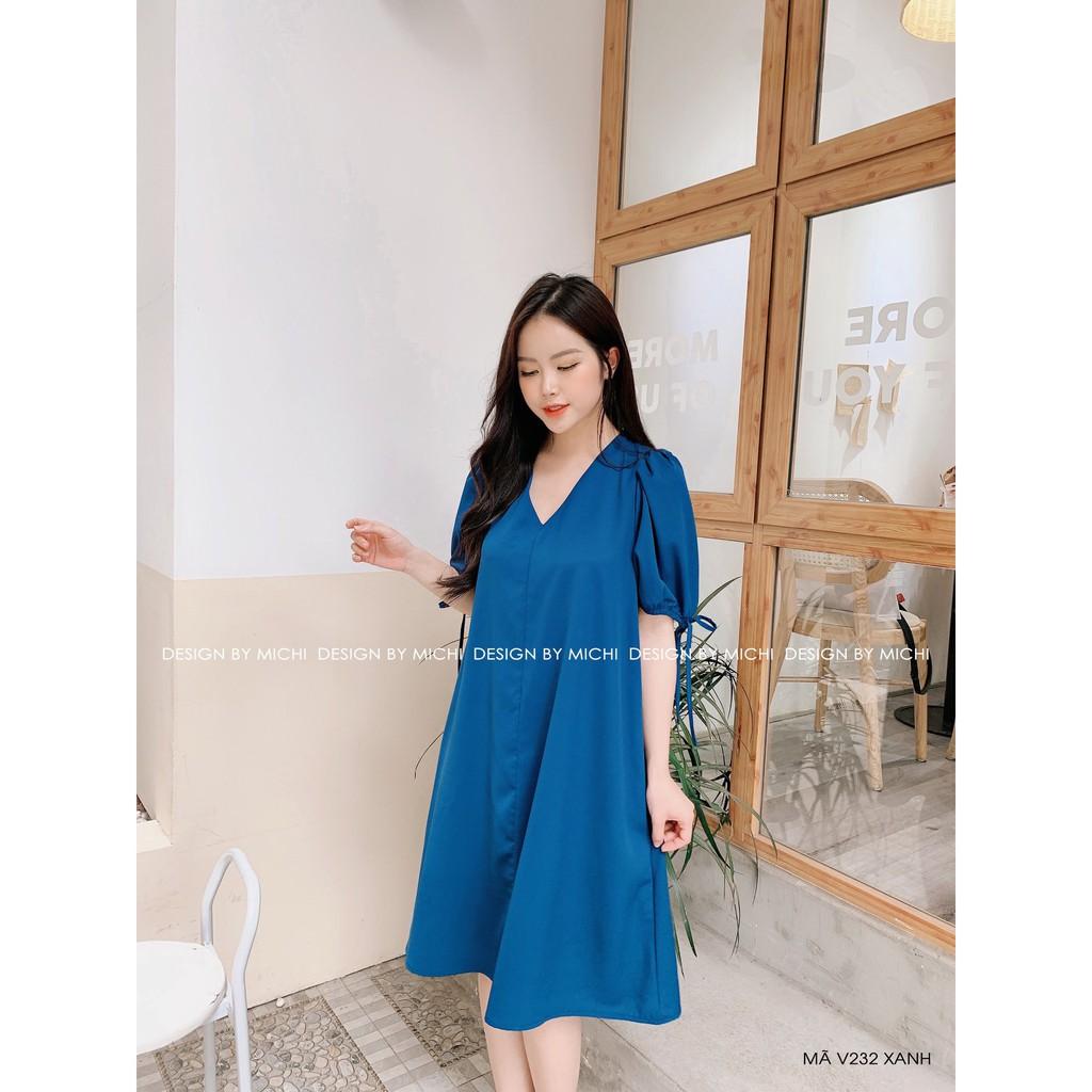 Váy thiết kế, dáng suông cổ V, tay nơ, đầm dáng xuông rộng, freesize 3 màu Xanh - Nâu - Đỏ, mã V232 - Michi's House