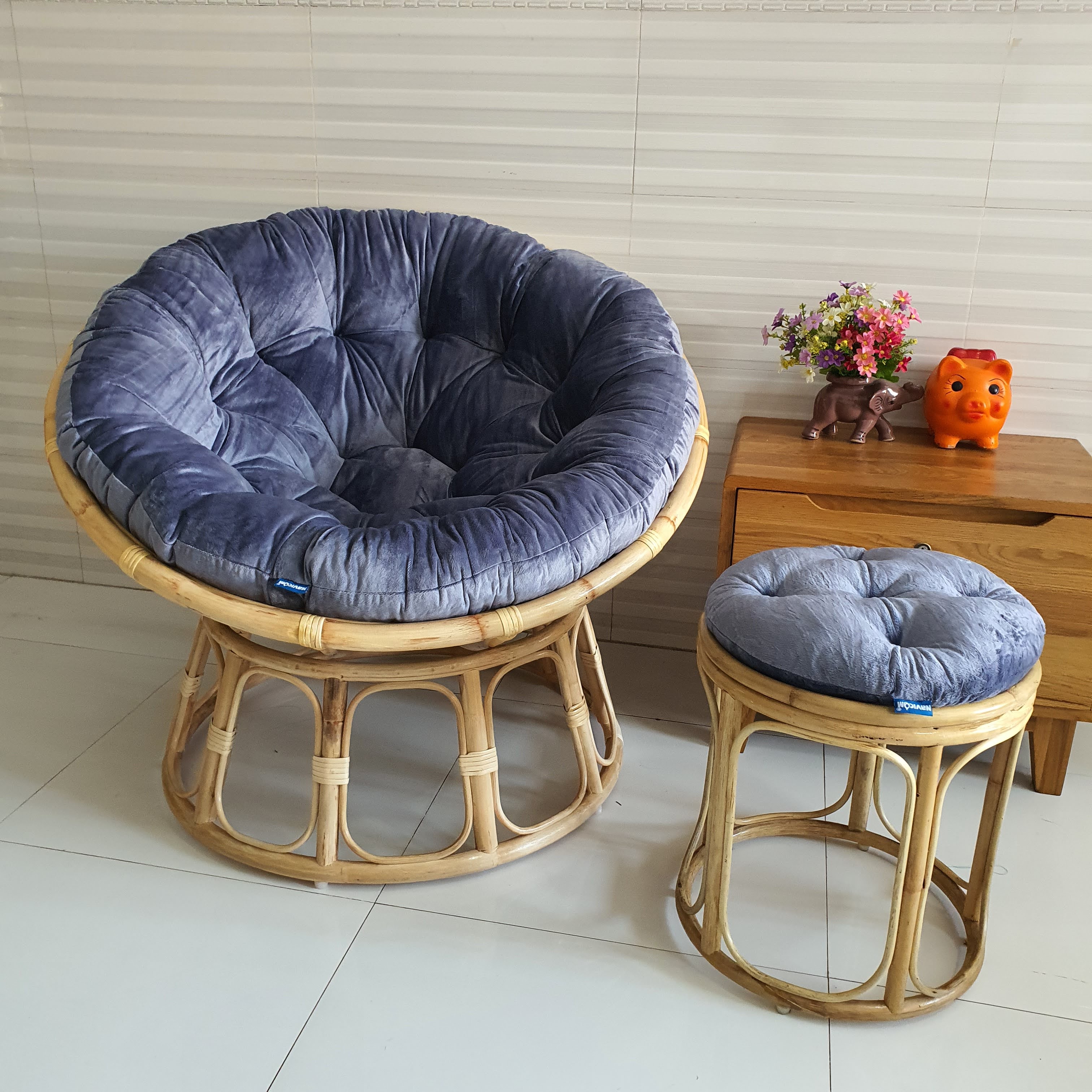 Bộ ghế thư giãn papasan + đôn nhỏ ( vải nhung xám)