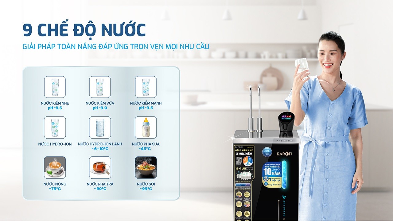 [MỚI - TẶNG MÁY LỌC KHÔNG KHÍ KAP 317] Máy lọc nước Nóng Lạnh Hydro-ion Kiềm Karofi SA8 PREMIUM - 12+1 lõi - Hàng chính hãng