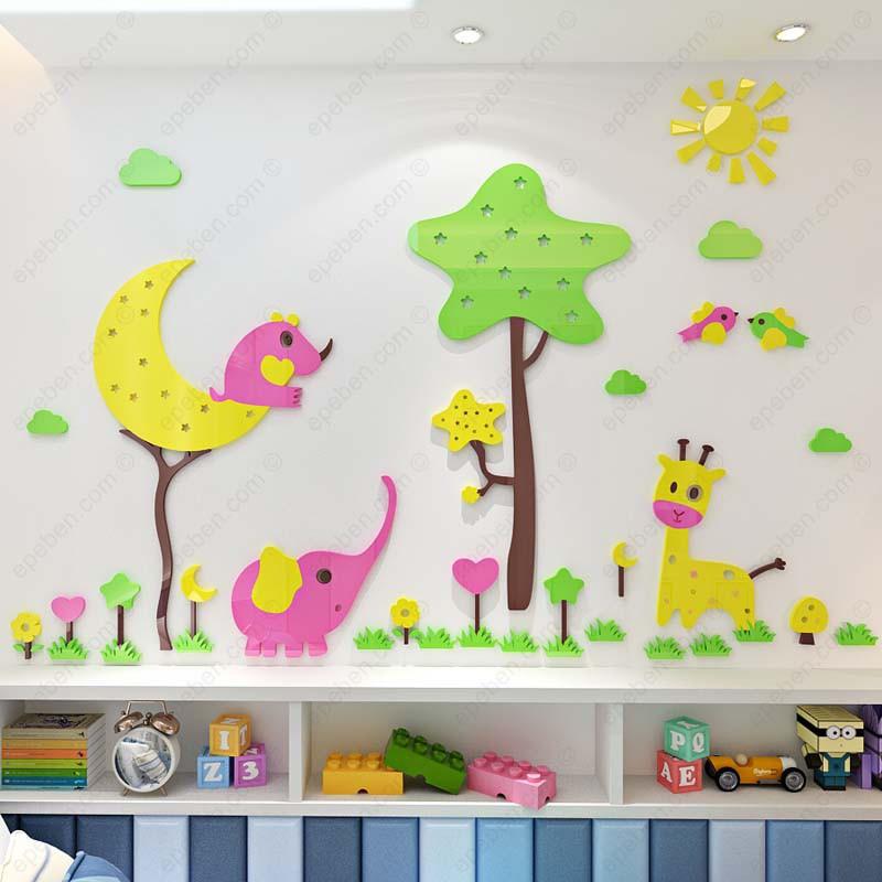 Tranh dán tường mica 3d decor khổ lớn khu vườn thú dễ thương trang trí mầm non, mẫu giáo, phòng cho bé