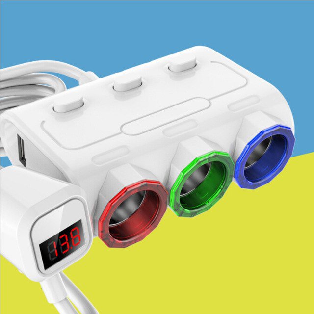Bộ chia nguồn ô tô cao cấp 3 Tẩu 2 USB LCD 2-C8-T-2342