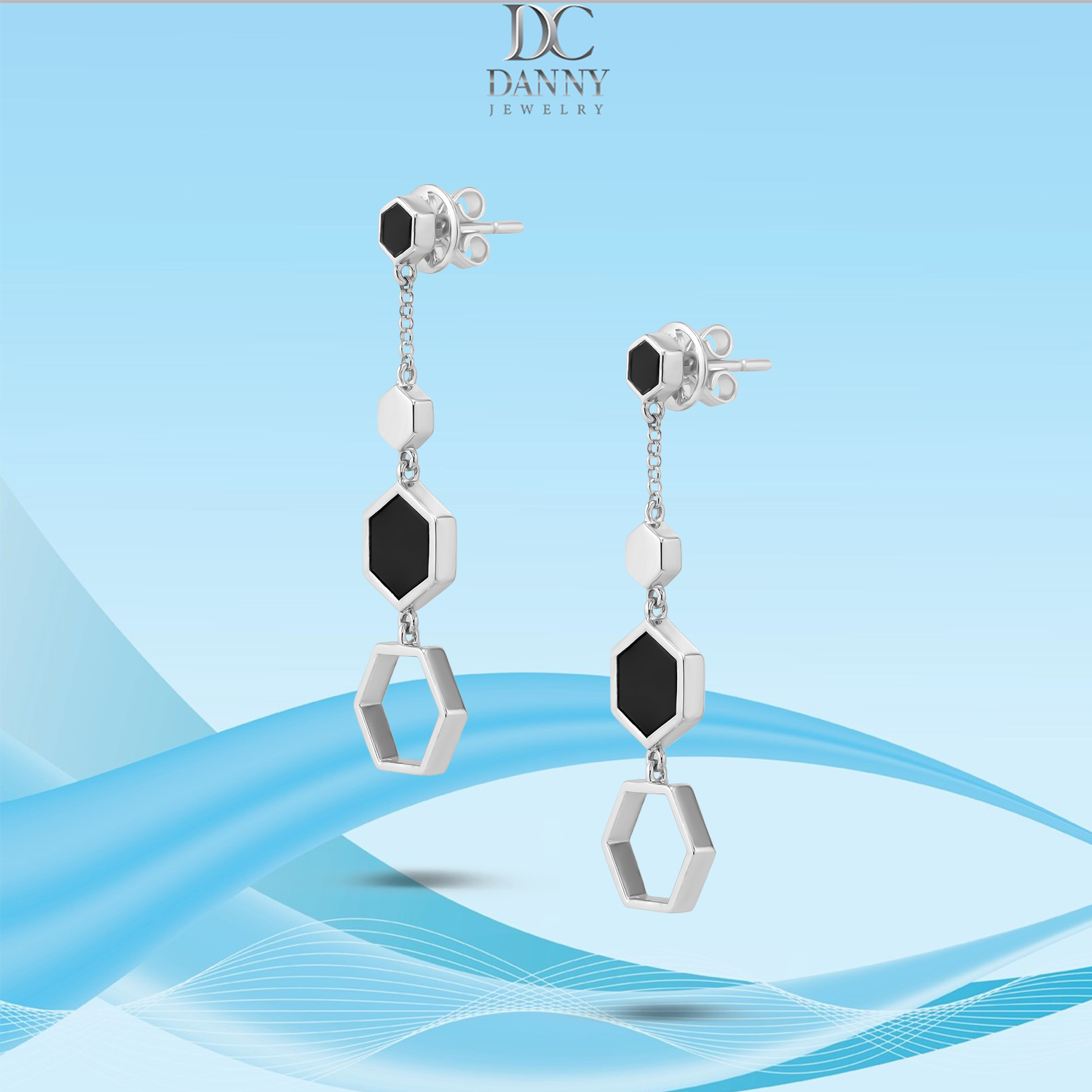 Bông Tai Nữ Danny Jewelry Bạc 925 Hình Lục Giác Đính Đá Onyx Xi Rhodium BT0041