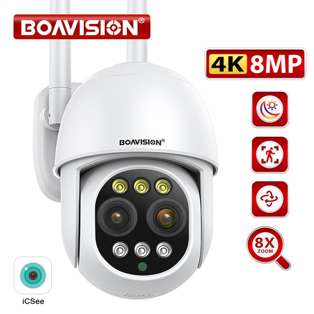 Boavision HD 8MP WiFi Camera PTZ ống kính kép 8x Digital Zoom ngoài trời 4K AI Humanoid Auto Theo dõi Zoom Audio ICSEE CAMERY