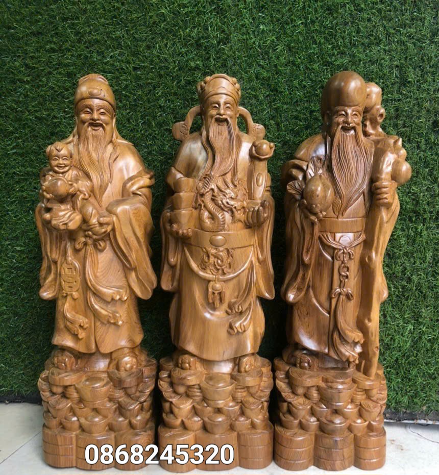 Bộ tam đa phúc lộc thọ bằng gỗ bách xanh thơm phức kt cao 50×15×12cm