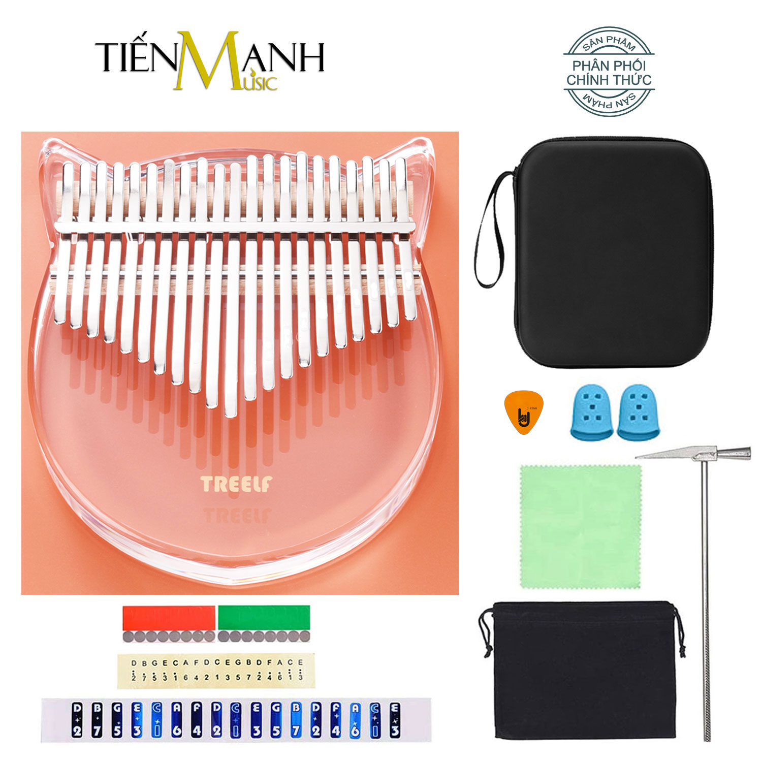 Đàn Kalimba Trong Suốt Treelf TF-21C Hình Mèo - 21 Phím Acrylic TF-21C (Hộp cứng chống sốc, Búa chỉnh âm, Sticker dán note, Khăn lau, Sách học) - Kèm Móng Gẩy DreamMaker