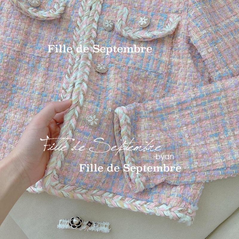 Áo khoác dạ tweed hồng khuy hoa hàng qc