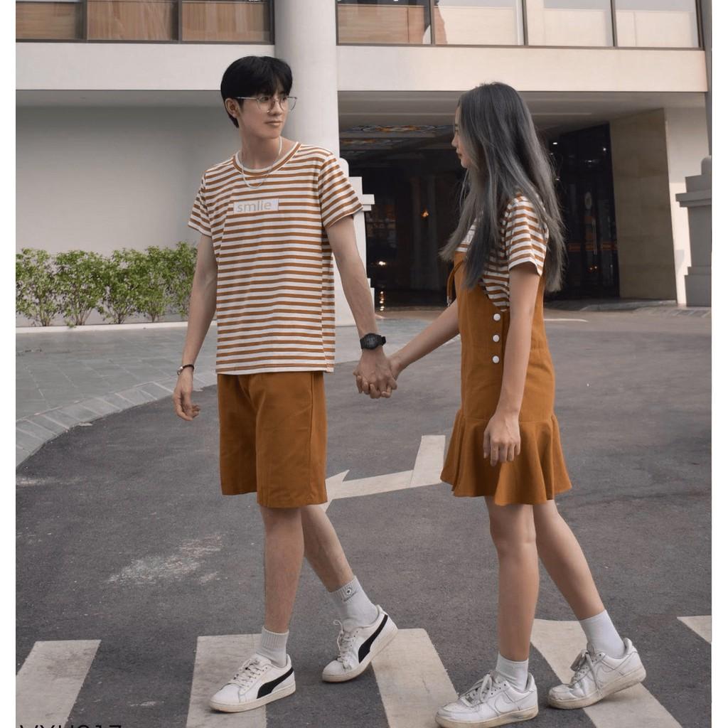 Áo cặp nam nữ ️FREESHIP️ set đồ đôi kẻ sọc kèm yếm và quần short kaki AT30