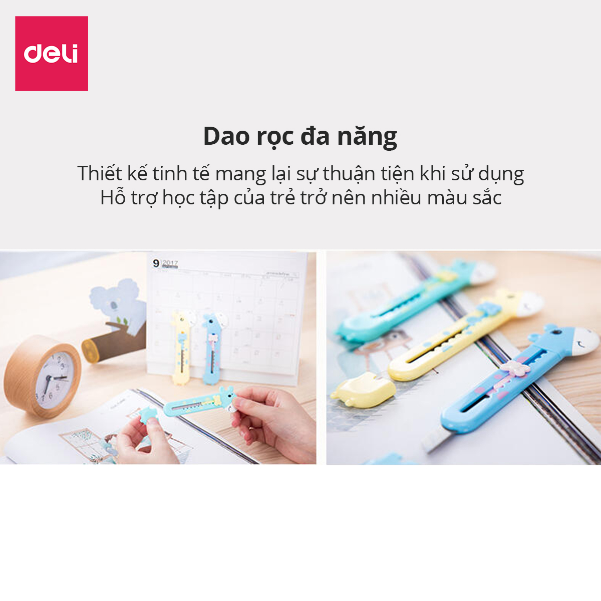 Dao rọc giấy mini 55mm hình hoạt hình dễ thương Deli - 3 màu Xanh lá/ Vàng/ Xanh dương - 2022