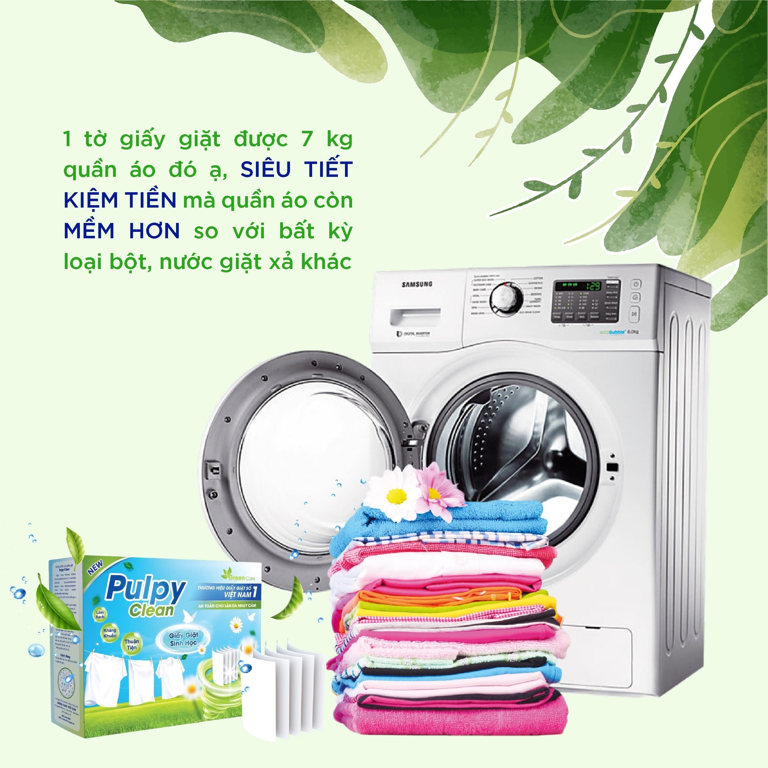 Giấy Giặt Sinh Học Pulpy Clean - 1 hộp 50 miếng, giấy giặt đồ 1 miếng 7 kg đồ thay cho xà phòng