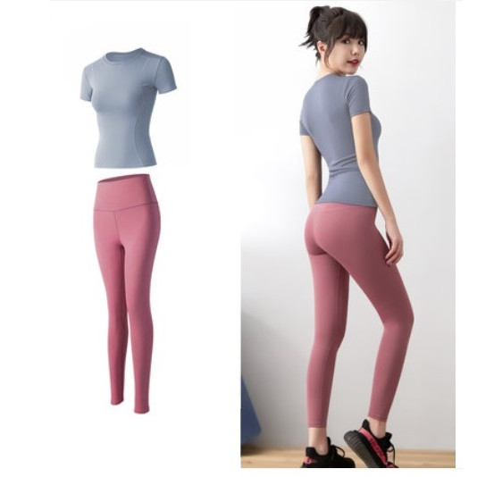 Bộ Đồ Tập GYM YOGA Nữ 2 Món áo thun và quần dài co giãn thoáng mát, mặc tôn dáng - M - áo xanh xám quần hồng